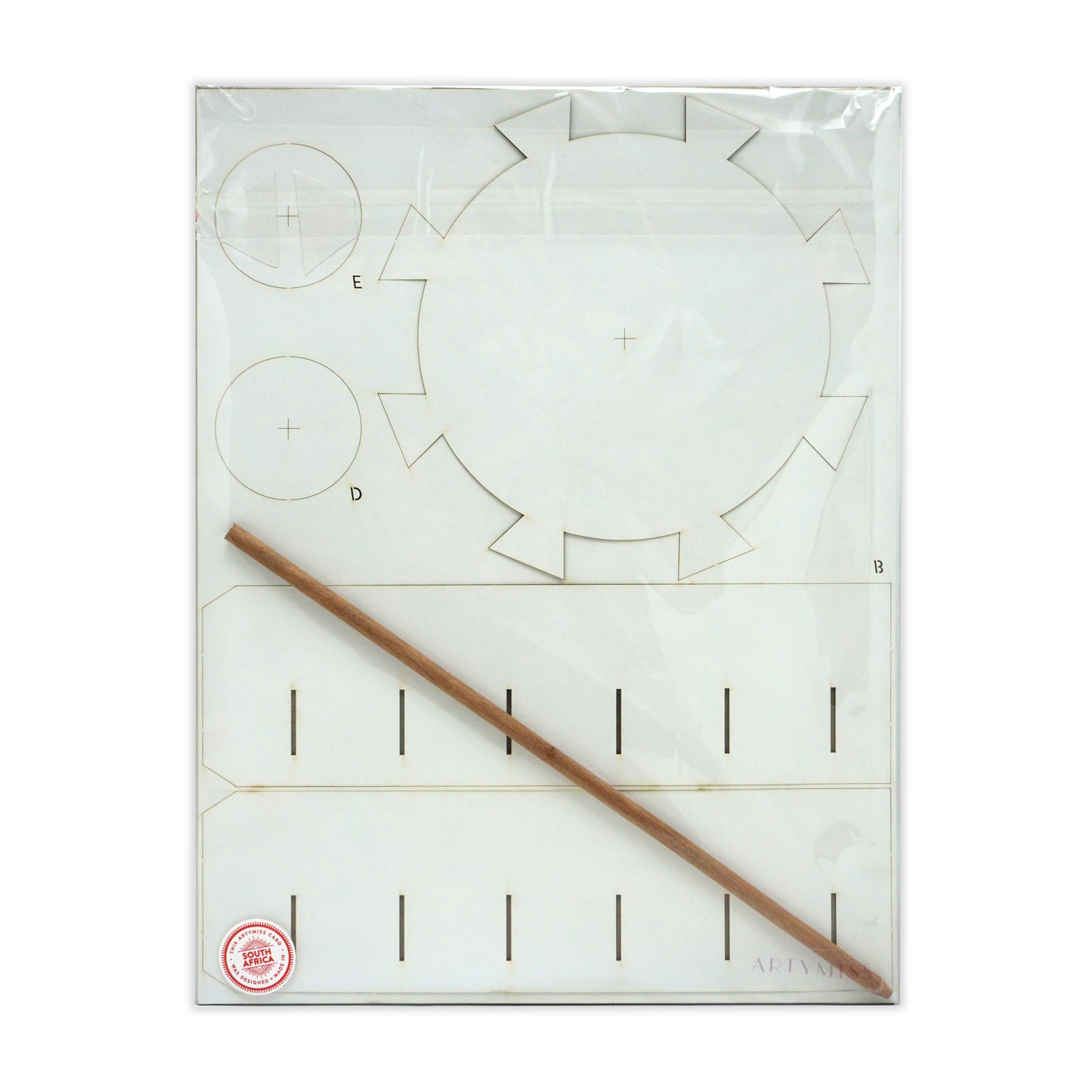 The back of a zoetrope animation kit with cut out shapes and a long slender stick.