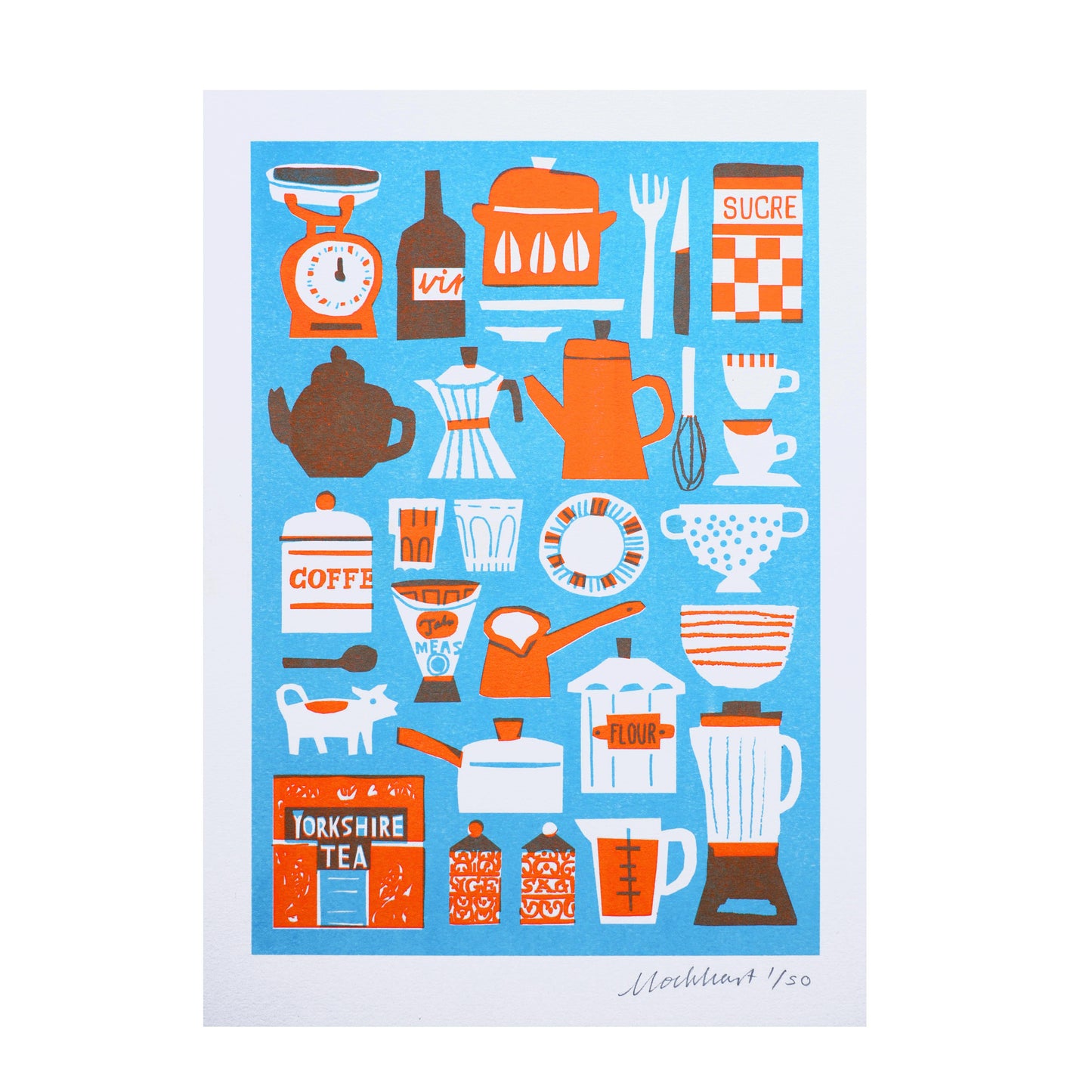 A vibrant illustration featuring various kitchen items on a blue background. It includes teapots, coffee makers, measuring scales, utensils, and containers labelled 'Flour' and 'Yorkshire Tea', all in a mix of red and white tones.