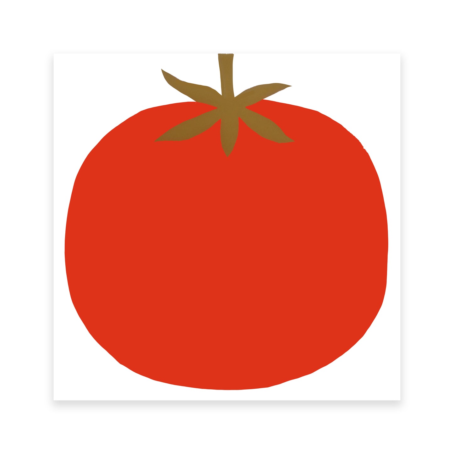 A simple, stylised illustration of a red tomato on a white background. The tomato is round with a smooth surface and features a small green stem with leaves at the top. The design is minimalistic and bold.