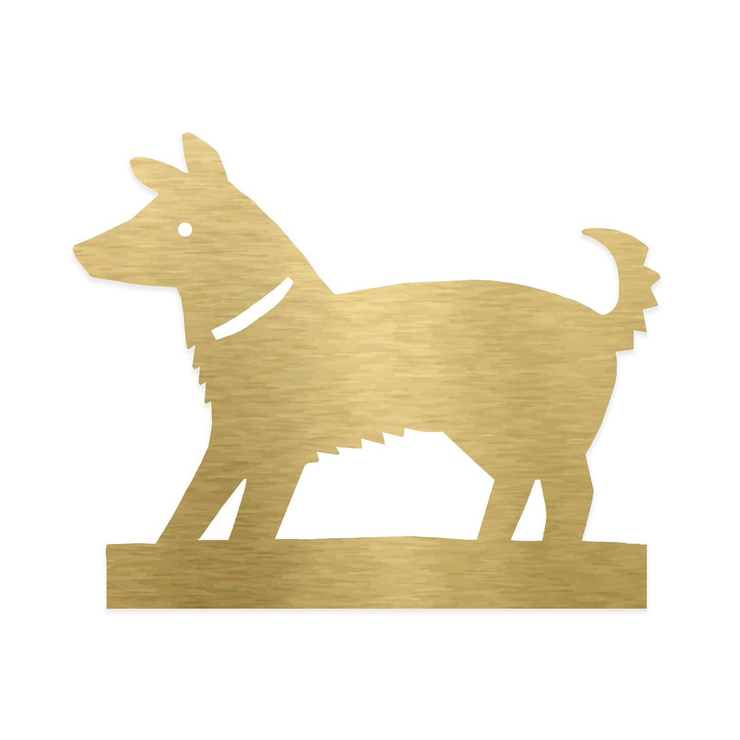 A stylised silhouette of a dog made from a gold-toned material. The dog stands on a flat base, featuring pointed ears, a collar, and a bushy tail, with a simple, minimalist design that highlights its playful stance.