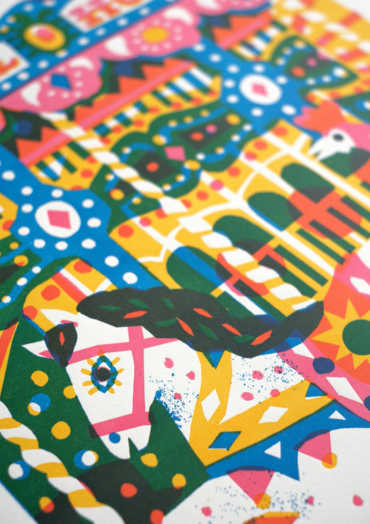 A vibrant illustration of carousel horses, featuring bold colours and playful patterns. The design includes a whimsical background with decorative elements, creating a joyful and festive atmosphere reminiscent of a fairground.