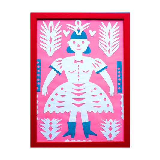 A vibrant artwork featuring a stylised female figure with a crown, wearing a white dress and blue boots. The background is pink, adorned with white and blue foliage patterns, framed in a bold red border.