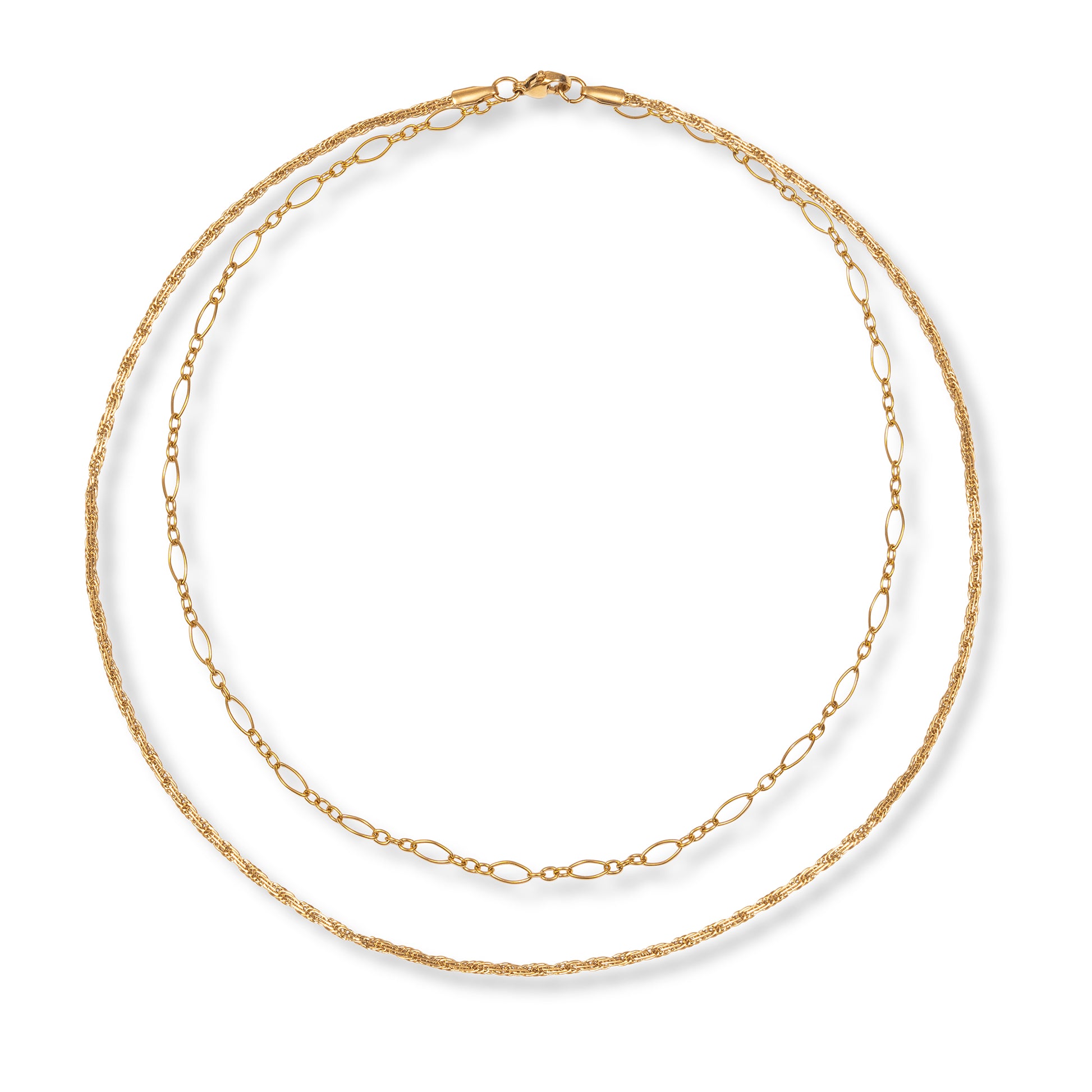 Two gold necklaces layered on top of each other, join at the top by a single clasp, on a white background.