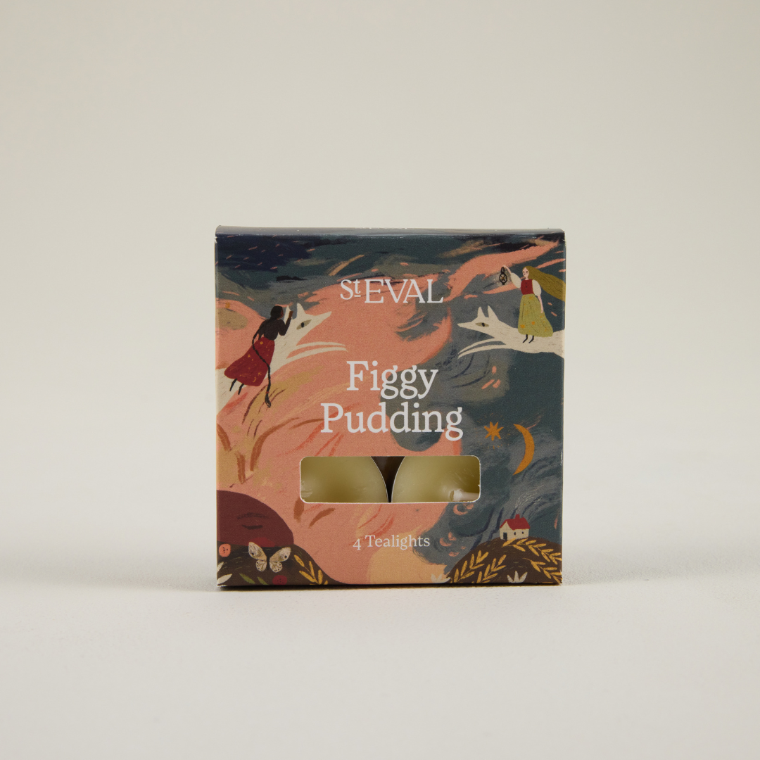 St Eval Figgy Pudding tealights packaging on a beige background