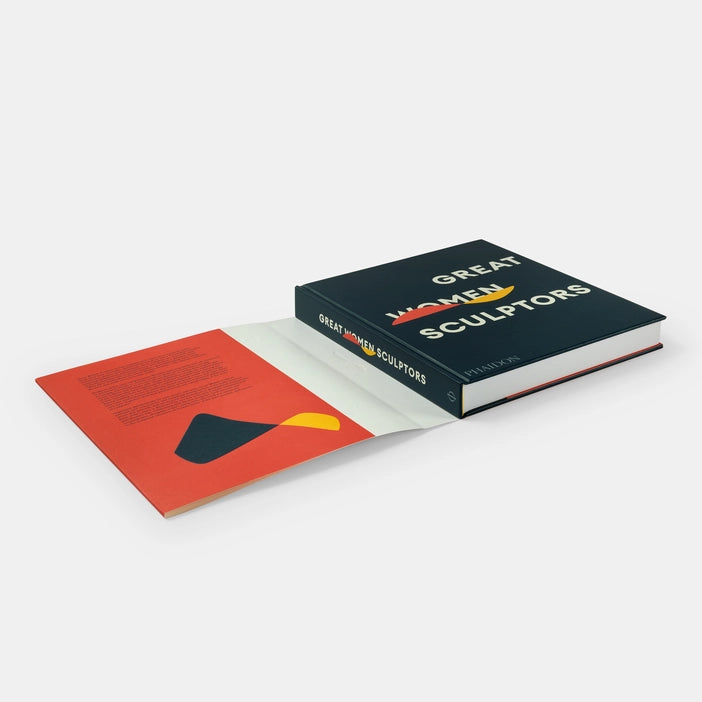 A partially open book titled "Great Women Sculptors" features a dark cover with bold, colourful text. The inside cover displays a vibrant red page with a graphic design element, contrasting with the book's overall aesthetic.