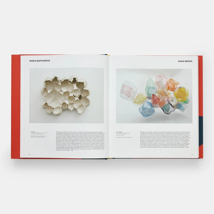 An open book displaying two pages. On the left, a textured artwork made from egg cartons in a cloud-like shape. On the right, a vibrant, abstract composition of translucent, colourful shapes resembling crumpled plastic.