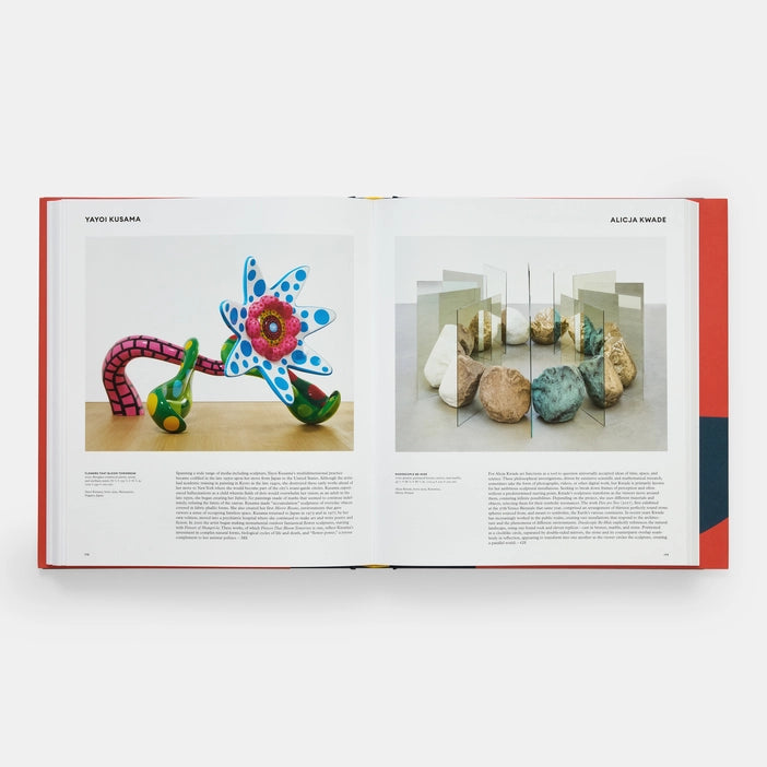 An open art book displays two pages. On the left, a vibrant, whimsical sculpture resembling a flower with polka dots. On the right, a series of translucent panels showcasing various textured stones arranged on a surface.