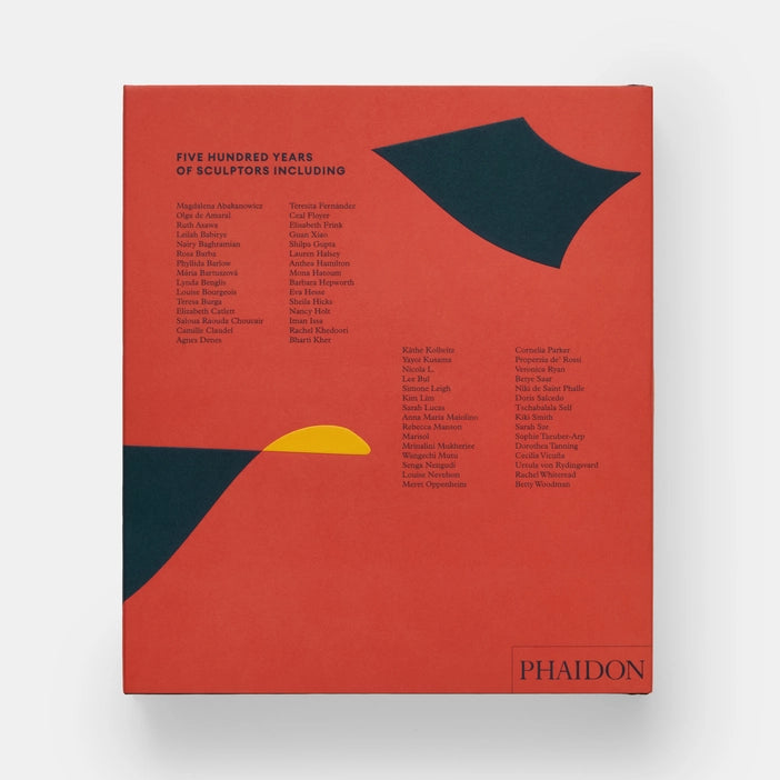 A vibrant red book cover titled "Five Hundred Years of Sculptors" by Phaidon. It features abstract shapes in black and yellow, with a list of notable sculptors printed in white text on the right side.