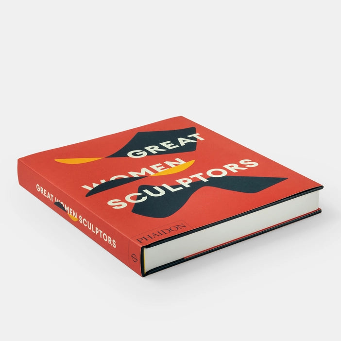 A vibrant red book titled "Great Women Sculptors" by Phaidon. The cover features bold, abstract shapes in black, yellow, and orange, with the title prominently displayed in large, white letters. The book is closed and positioned at an angle.