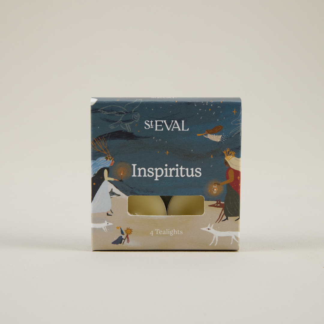 Box of St Eval Inspiritus tealights with artistic design on a light grey background