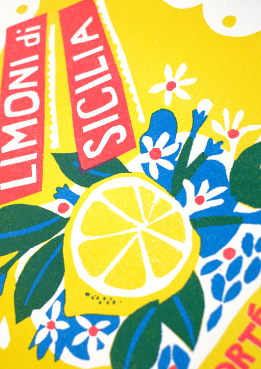 A vibrant vintage-style poster featuring a bright yellow background. It displays a large lemon surrounded by blue flowers and green leaves. The text reads "Limoni di Sicilia" and "Importé d'Italie" in bold, colourful lettering.