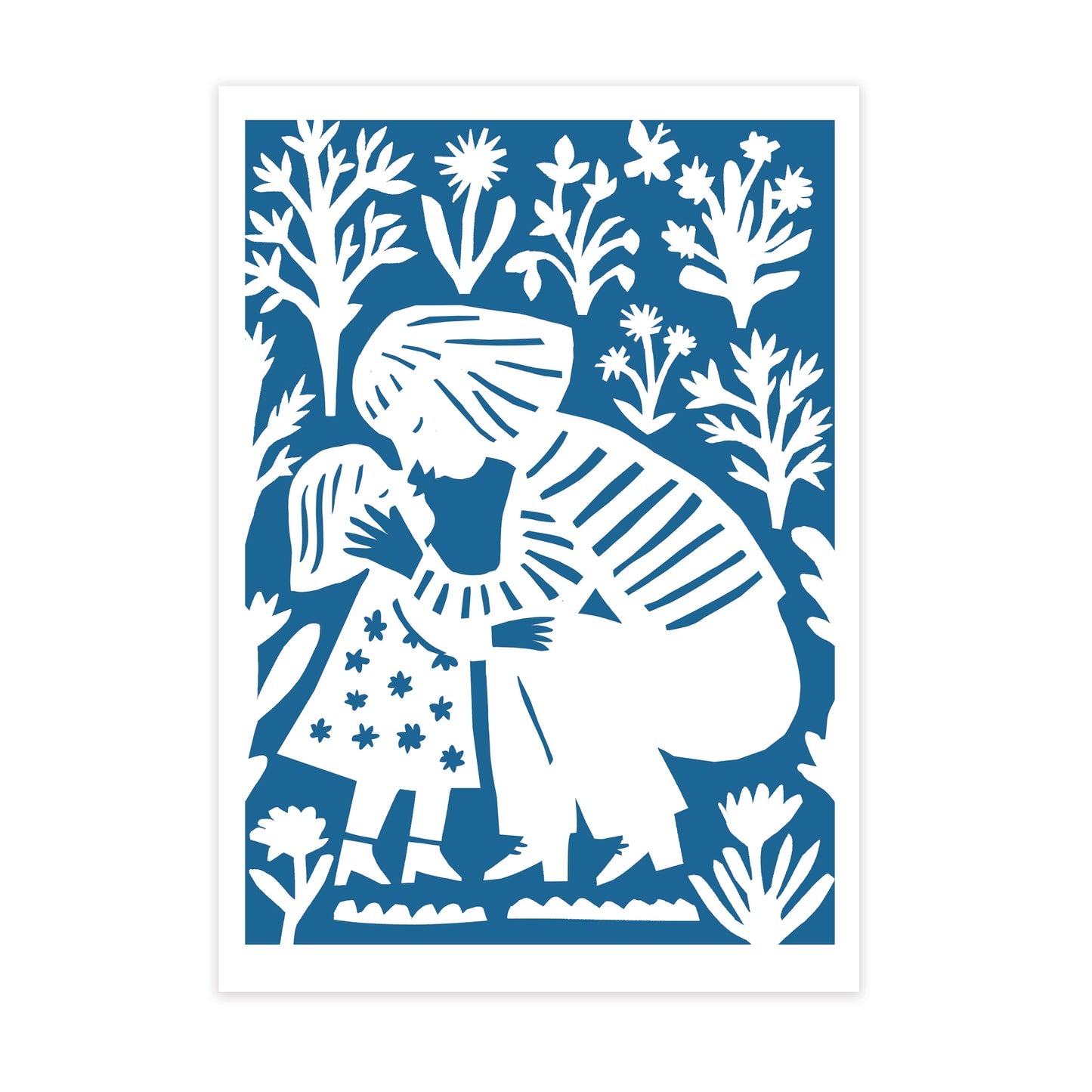 An artwork featuring a woman embracing a young girl amidst a backdrop of stylised flowers and plants. The design is predominantly blue with white figures, conveying a sense of warmth and affection.