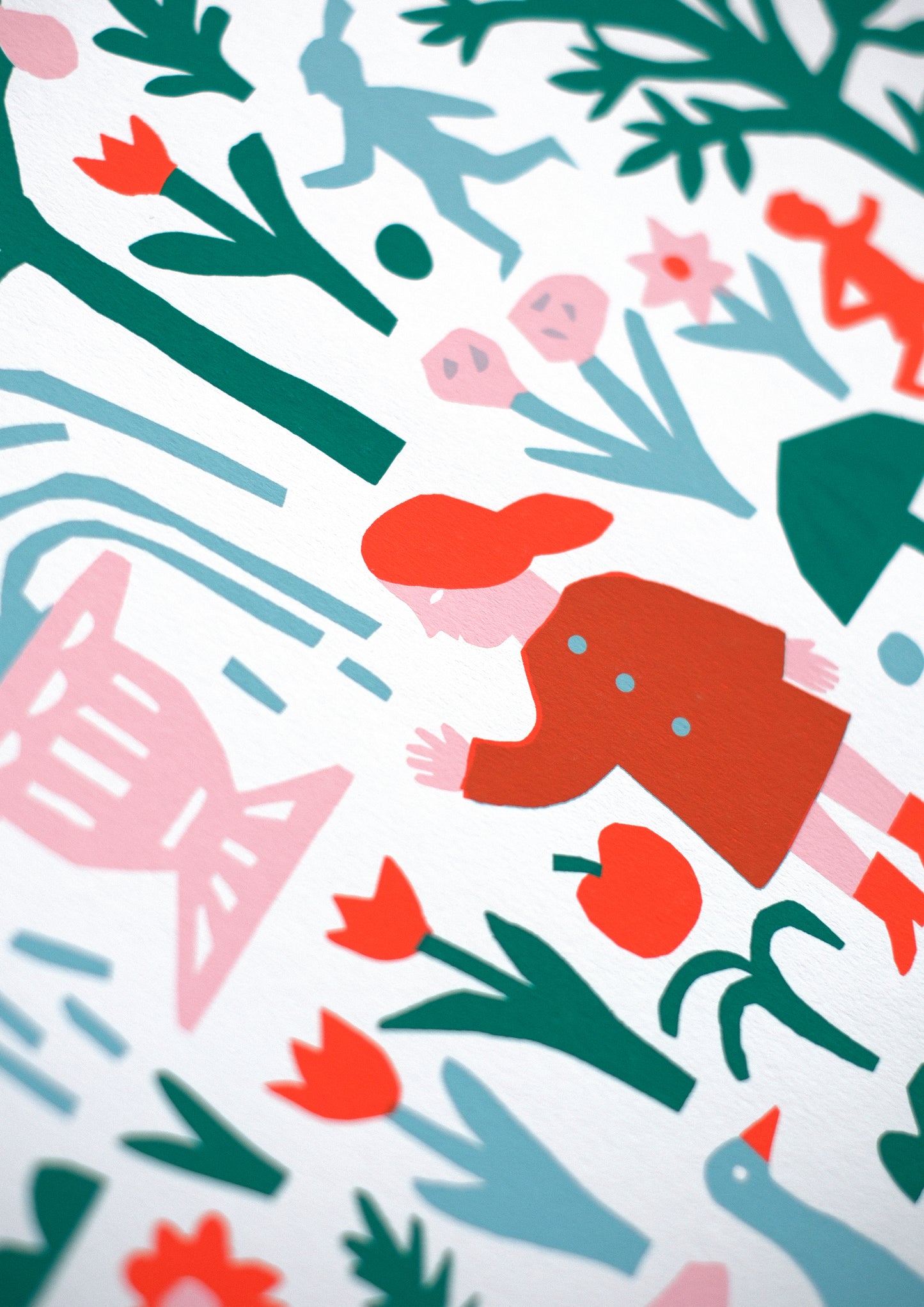 A vibrant illustration featuring a whimsical scene filled with trees, animals, and people. Various elements include a café, cars, and playful characters amidst lush greenery and flowers, creating a lively, cheerful atmosphere.