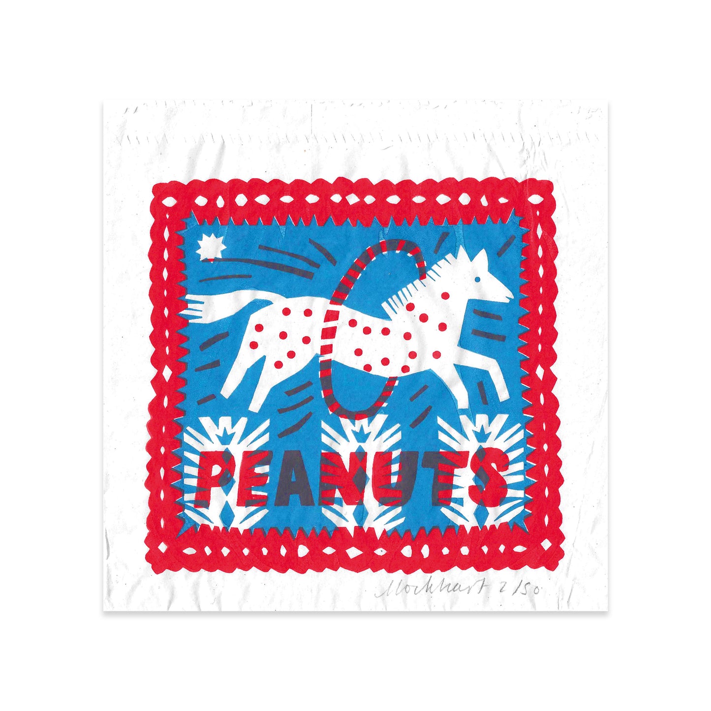 A vibrant graphic design featuring a white horse with red polka dots, set against a blue background. The horse is surrounded by stylised white flowers, and the word "PEANUTS" is prominently displayed in bold red letters at the bottom.