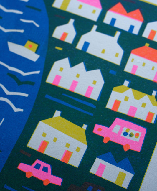 A vibrant illustration depicting a coastal scene with a lighthouse beaming light over a bay. Colourful houses line the shore, with boats on the water and cars parked nearby. The artwork features bold shapes and bright colours, creating a cheerful atmosphere.