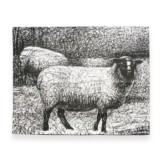 A black and white sketch of two sheep in a grassy field. One sheep stands prominently in the foreground, while the other is partially visible in the background. The artwork features intricate, textured lines that create depth and detail.