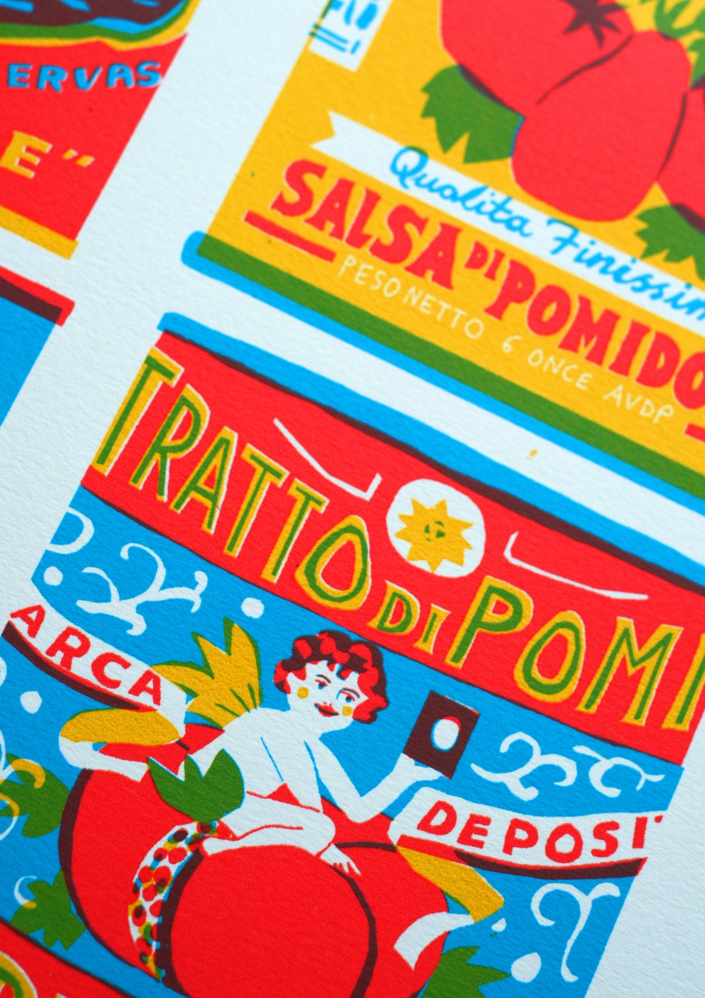 A vibrant print featuring ten illustrated tomato can labels, each with bold colours and playful typography. Labels include names like "Claudia," "King's Quality," and "Mamma Mia," showcasing various styles and designs inspired by Italian heritage.
