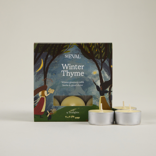 St Eval Winter Thyme candle set with decorative packaging on a light background.