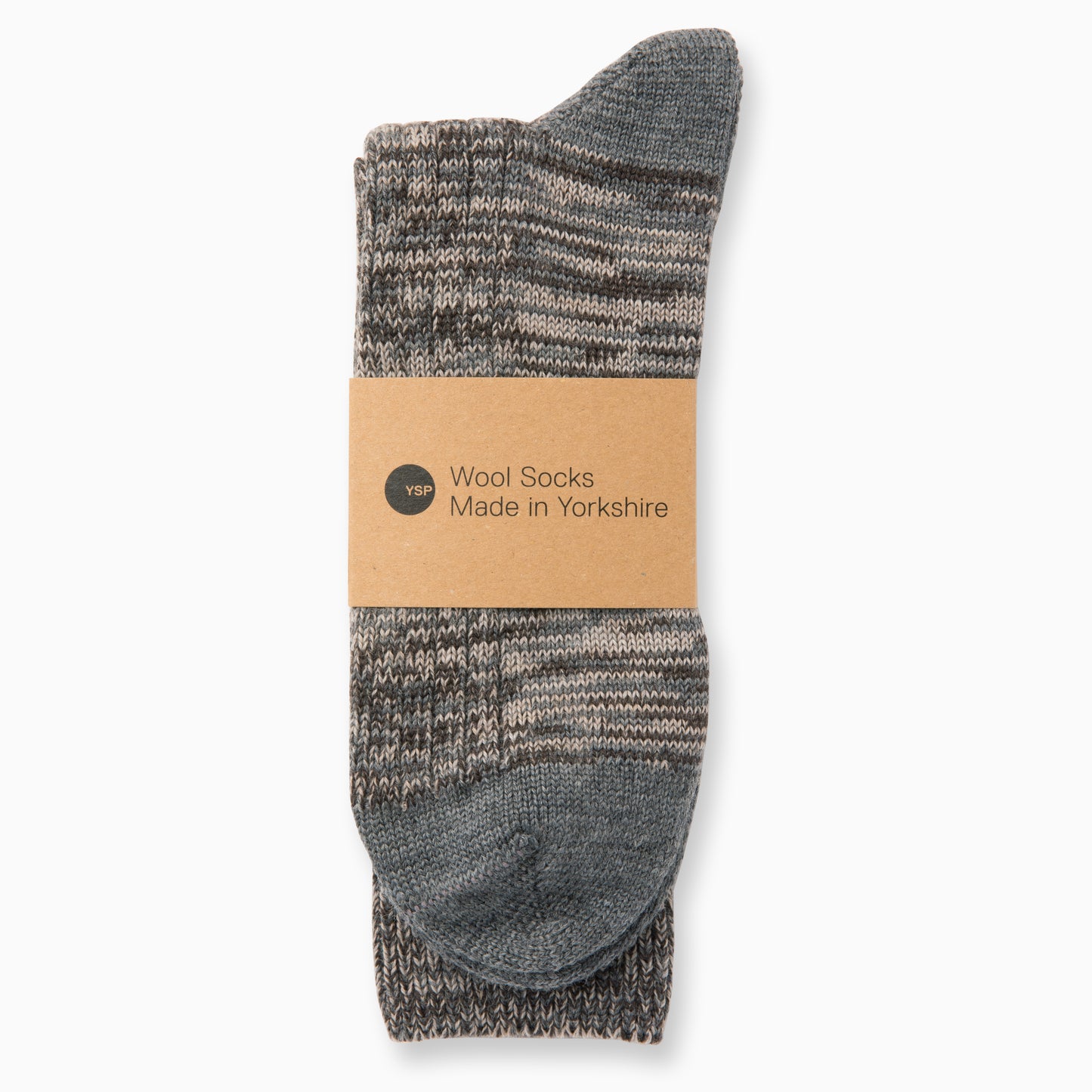 A pair of brown and grey marl wool socks with a brown cardboard belly band featuring the YSP logo.