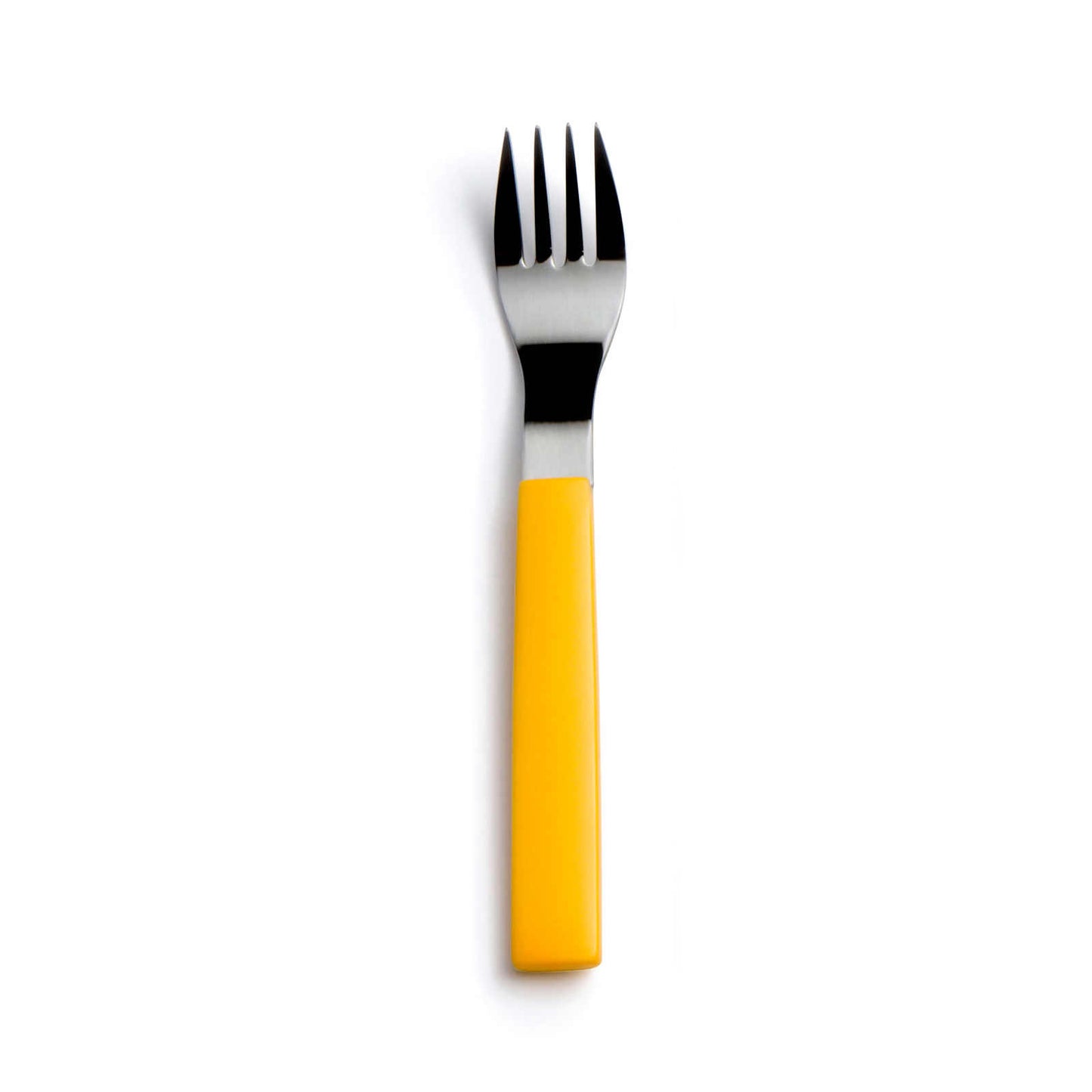 A stainless steel fork with four tines and a bright yellow plastic handle, positioned vertically against a plain white background. The fork's shiny surface contrasts with the vibrant handle, creating a simple yet striking appearance.