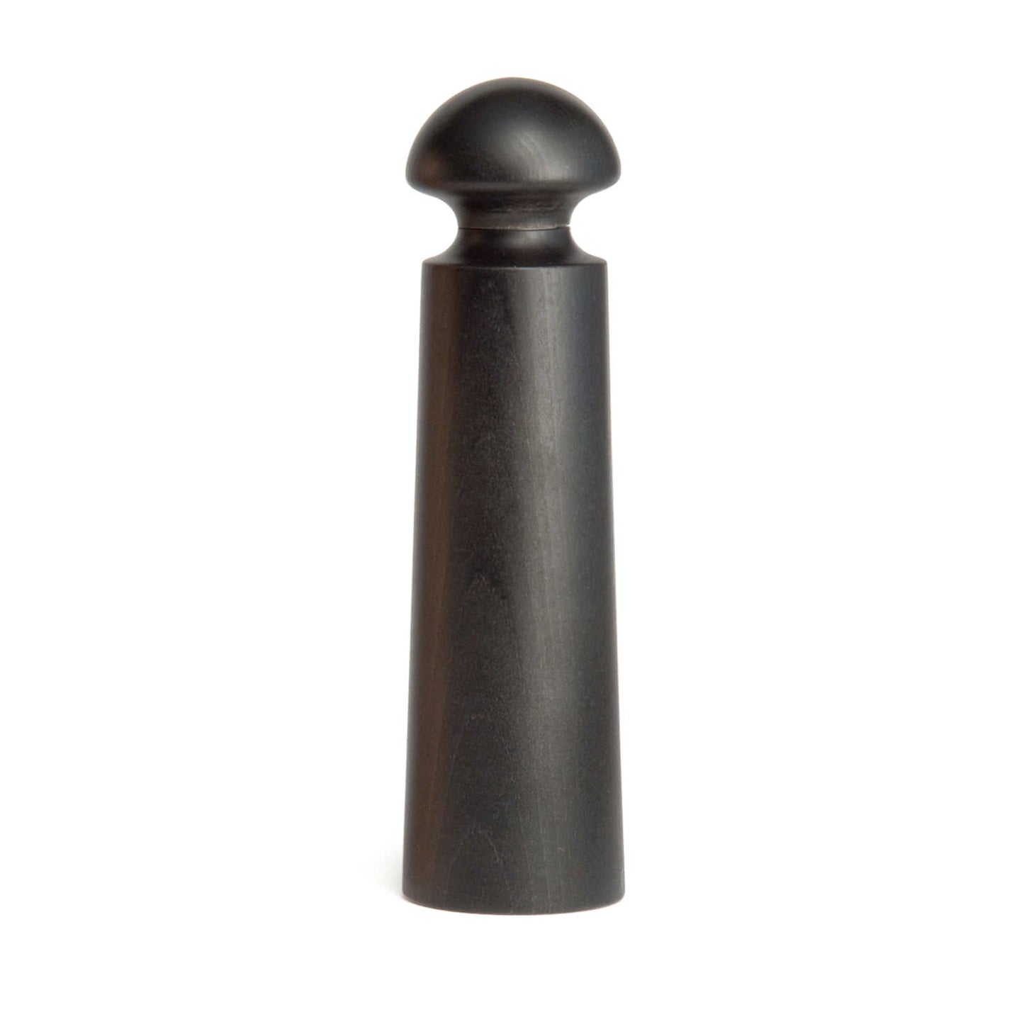 A sleek, black wooden object with a cylindrical body and a rounded top. The design is minimalist, featuring smooth surfaces and a polished finish, creating an elegant and modern aesthetic. Ideal for decorative or functional use.