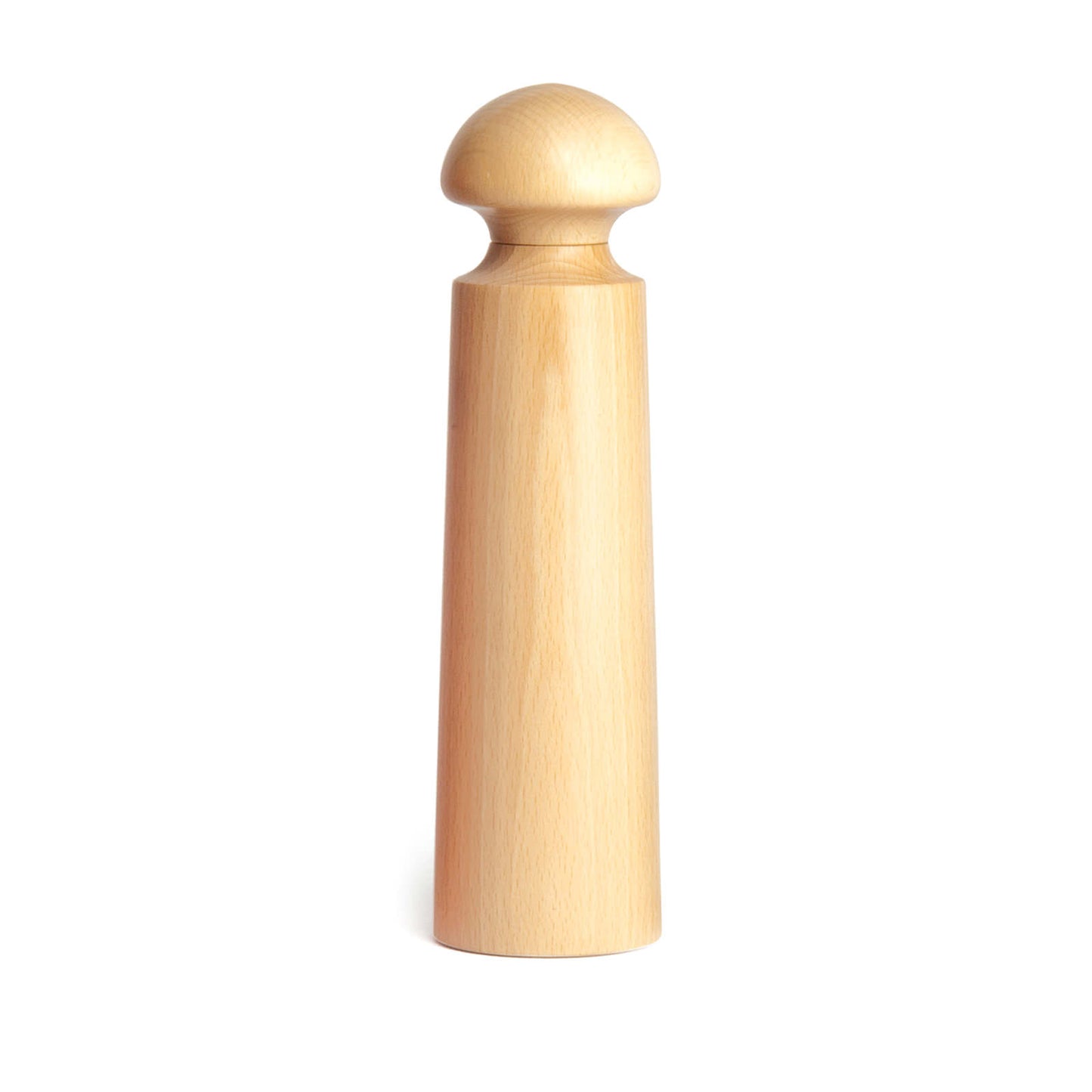 A wooden pepper mill with a smooth, cylindrical body and a rounded top. The mill is light in colour, showcasing the natural grain of the wood, and stands upright on a plain white background
