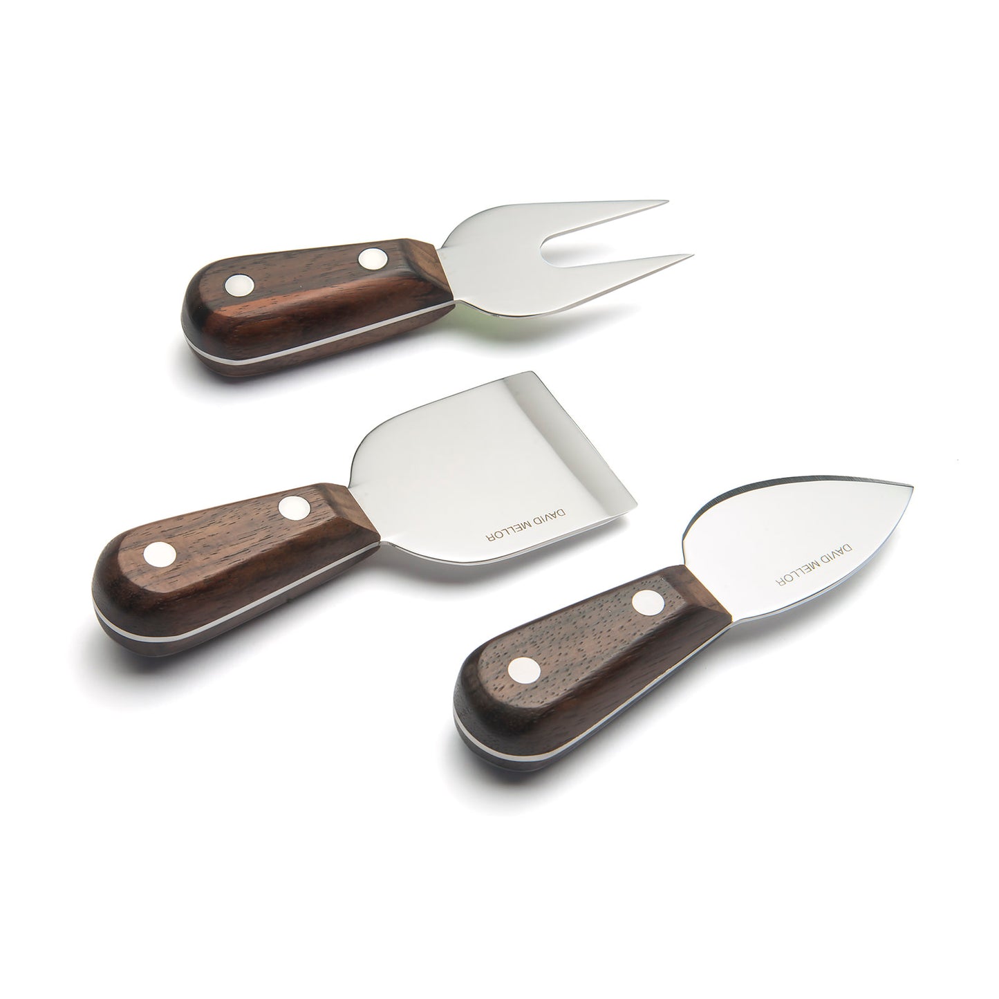 A set of three cheese knives featuring wooden handles with silver rivets.