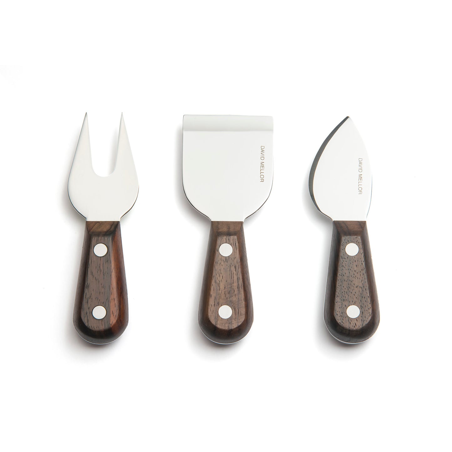 A set of three cheese knives featuring wooden handles with silver rivets.