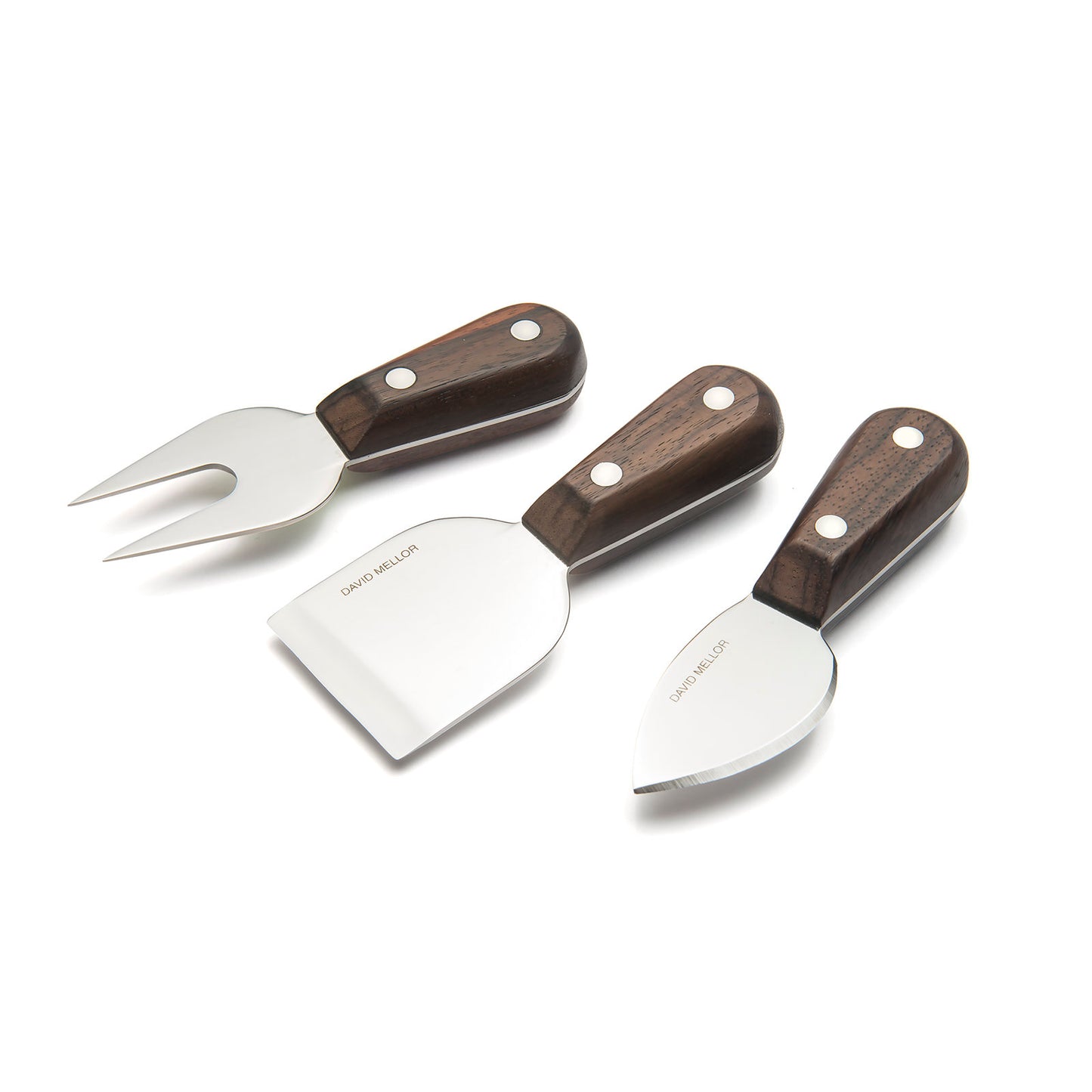 A set of three cheese knives featuring wooden handles with silver rivets.