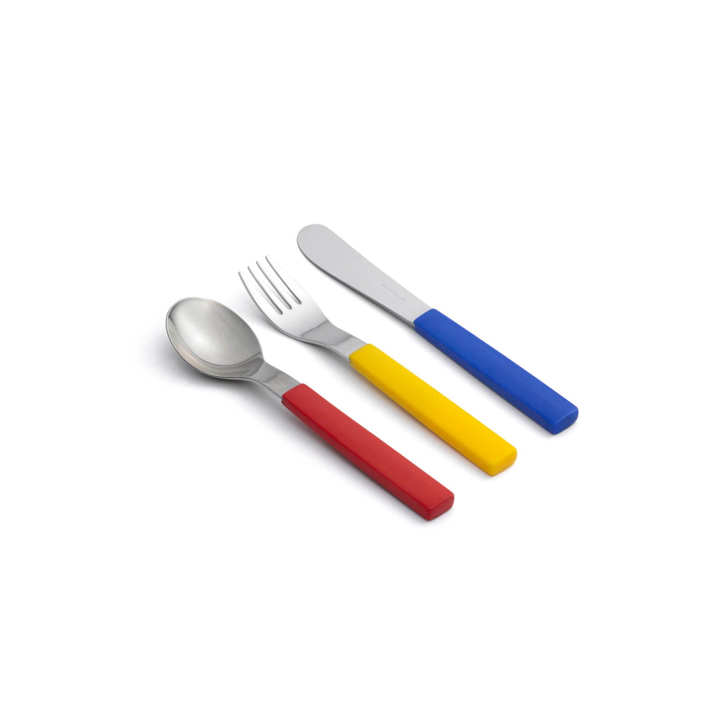 A set of three utensils featuring a spoon, fork, and knife. Each utensil has a stainless steel head and brightly coloured handles: the spoon has a red handle, the fork has a yellow handle, and the knife has a blue handle.