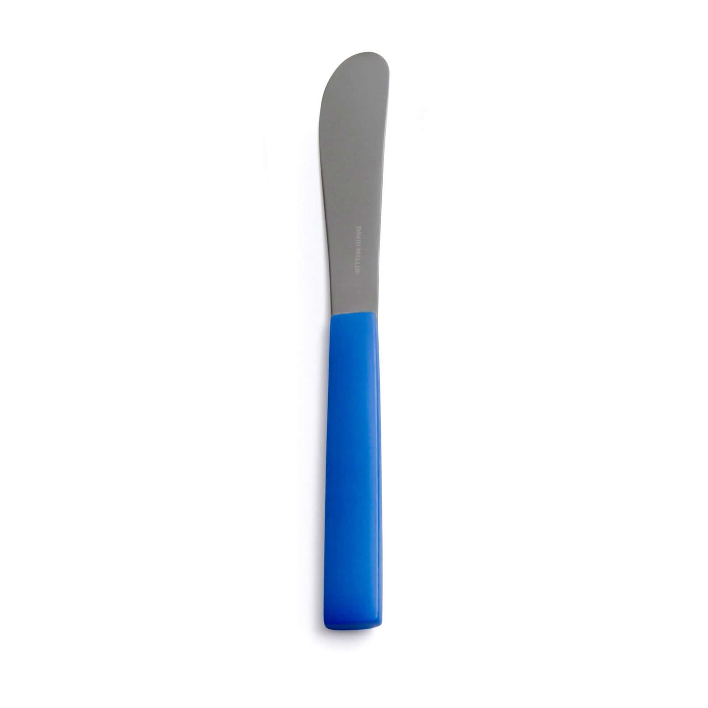 A stainless steel knife with a vibrant blue plastic handle, set against a plain white background. The fork is positioned vertically, showcasing its sleek design and contrasting colours.