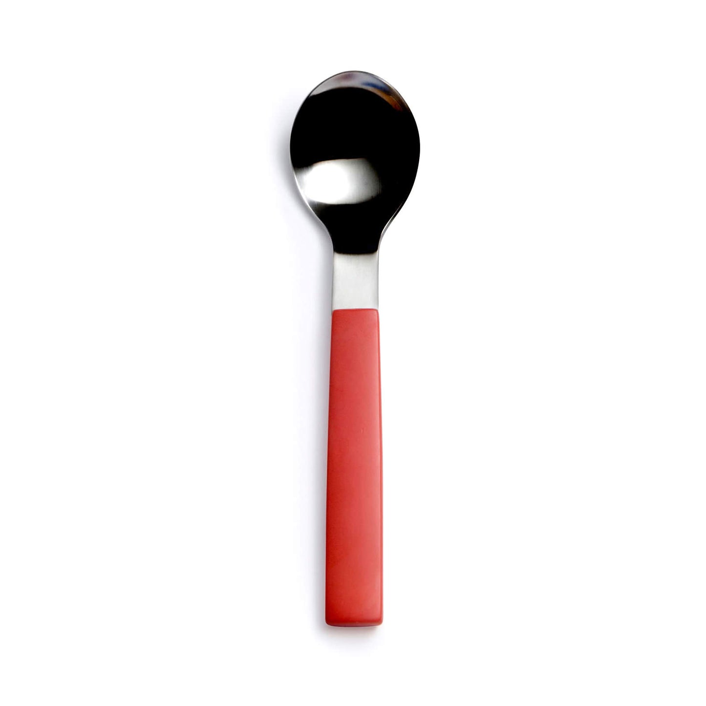 A stainless steel spoon with a vibrant red plastic handle, set against a plain white background. The spoon is positioned vertically, showcasing its sleek design and contrasting colours.