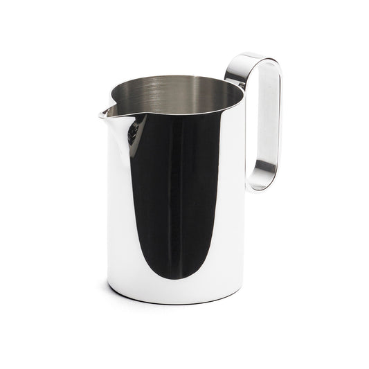 A sleek, polished stainless steel milk jug with a spout and a curved handle. The jug has a reflective surface, showcasing a modern design suitable for serving milk or cream. It stands on a plain white background.