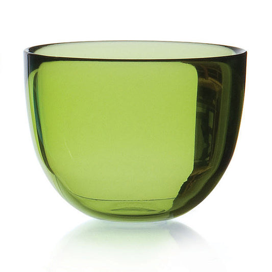 A smooth, rounded glass bowl in a vibrant green hue. The bowl has a glossy finish and a simple, elegant design, reflecting light subtly. Its shape is slightly wider at the top, tapering gently towards the base.