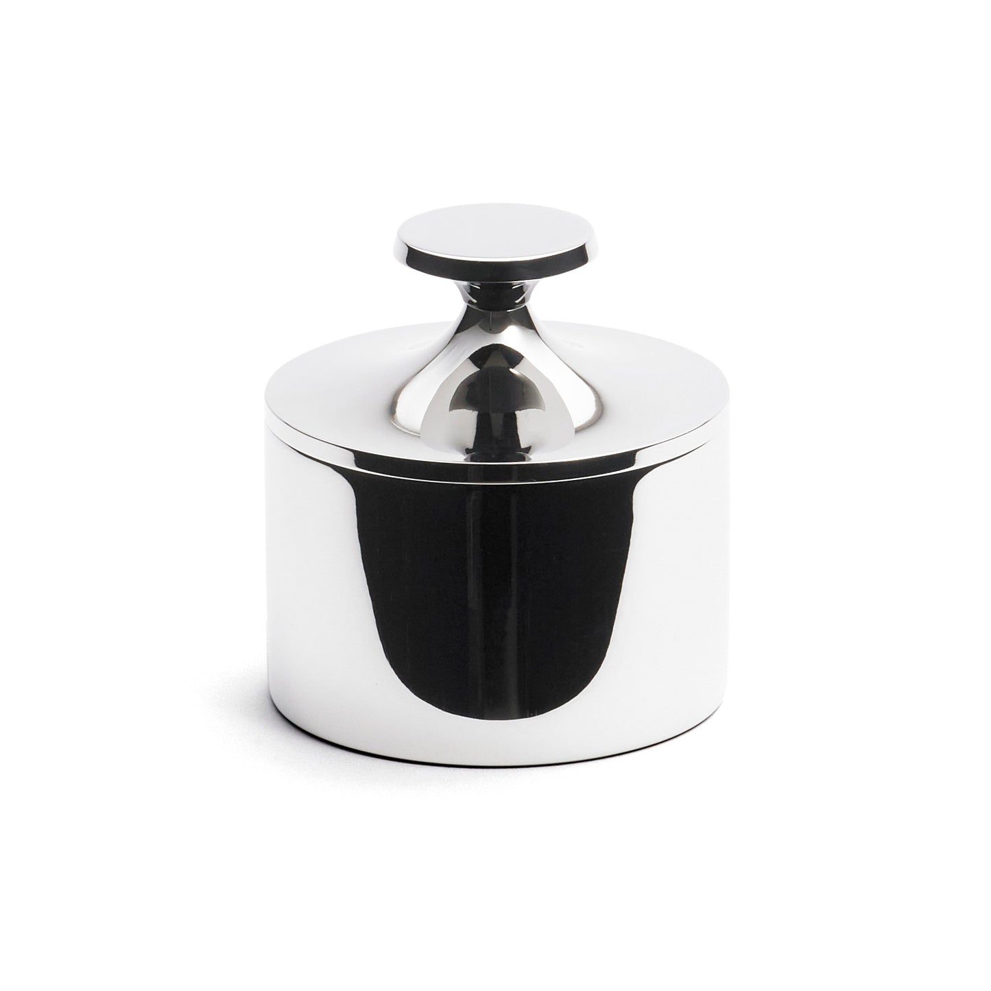 A sleek, polished silver container with a rounded base and a flat, circular lid. The design is minimalist and modern, featuring a smooth surface that reflects light, creating an elegant appearance suitable for decorative or functional use.