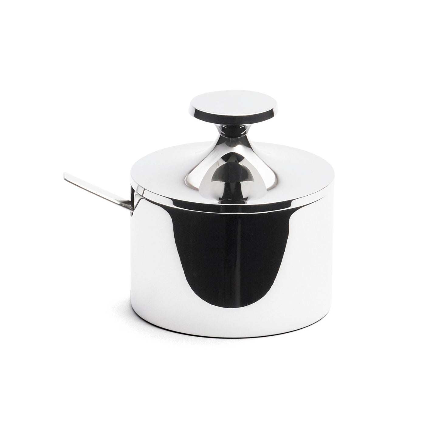 A sleek, modern silver sugar bowl with a smooth, rounded body and a matching lid. It features a small handle on one side, adding a contemporary touch to its elegant design. The surface reflects light, enhancing its polished appearance.