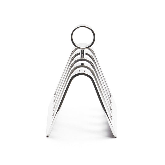 A sleek, silver toast rack featuring a triangular design with a circular top. The holder has multiple slots for toast, showcasing a modern and minimalist aesthetic against a plain white background.
