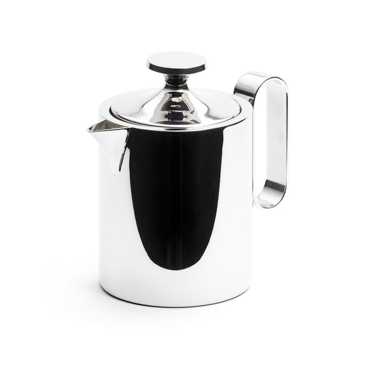A sleek, polished stainless steel teapot with a rounded body, a lid featuring a small knob, and a curved handle. The surface reflects light, highlighting its modern design and smooth finish.