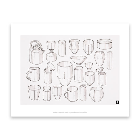 A collection of hand-drawn sketches featuring various kitchenware items, including teapots, cups, and bowls. The designs are outlined in black on a white background, showcasing different shapes and sizes in a minimalist style.