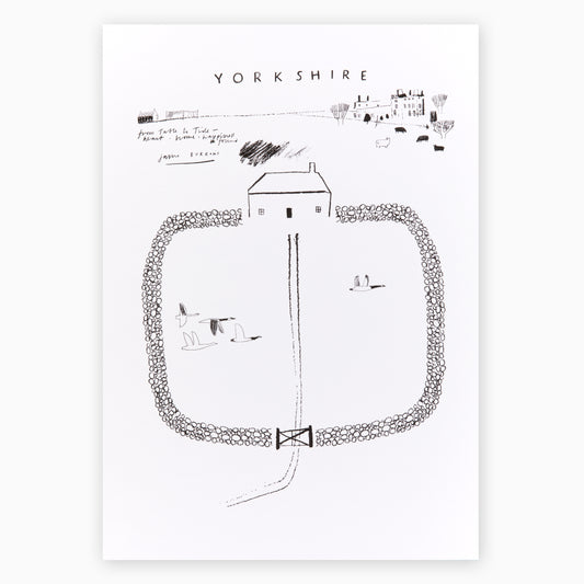 A minimalist illustration of a rural scene in Yorkshire. It features a simple house surrounded by a stone wall, with a gate and a path leading to it. There are small figures and animals depicted in the fields, with trees and a distant building in the background.