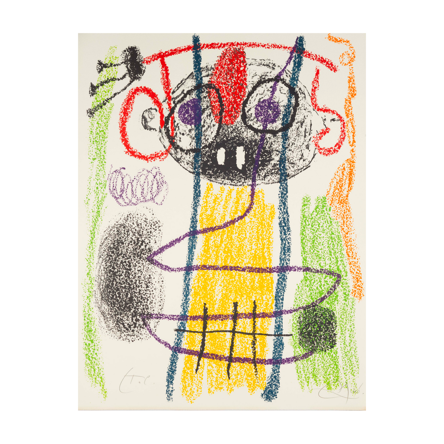A vibrant abstract drawing featuring bold, colourful lines and shapes. The central figure has a round head with exaggerated features, including large eyes and a red nose, set against a backdrop of green, yellow, and purple hues.