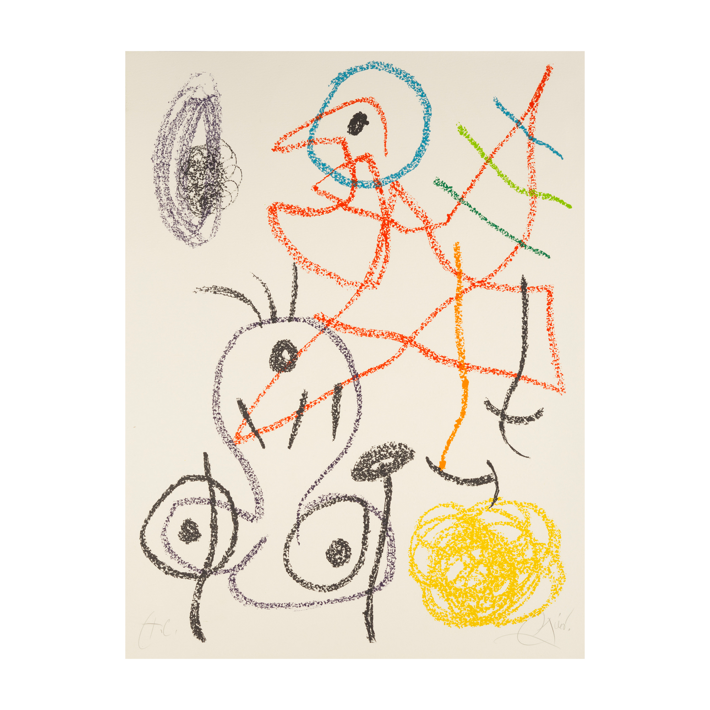 A vibrant abstract drawing featuring playful, scribbled shapes in various colours. The composition includes a stylised figure with a prominent head, alongside curvy forms resembling a face and breasts, set against a light background.
