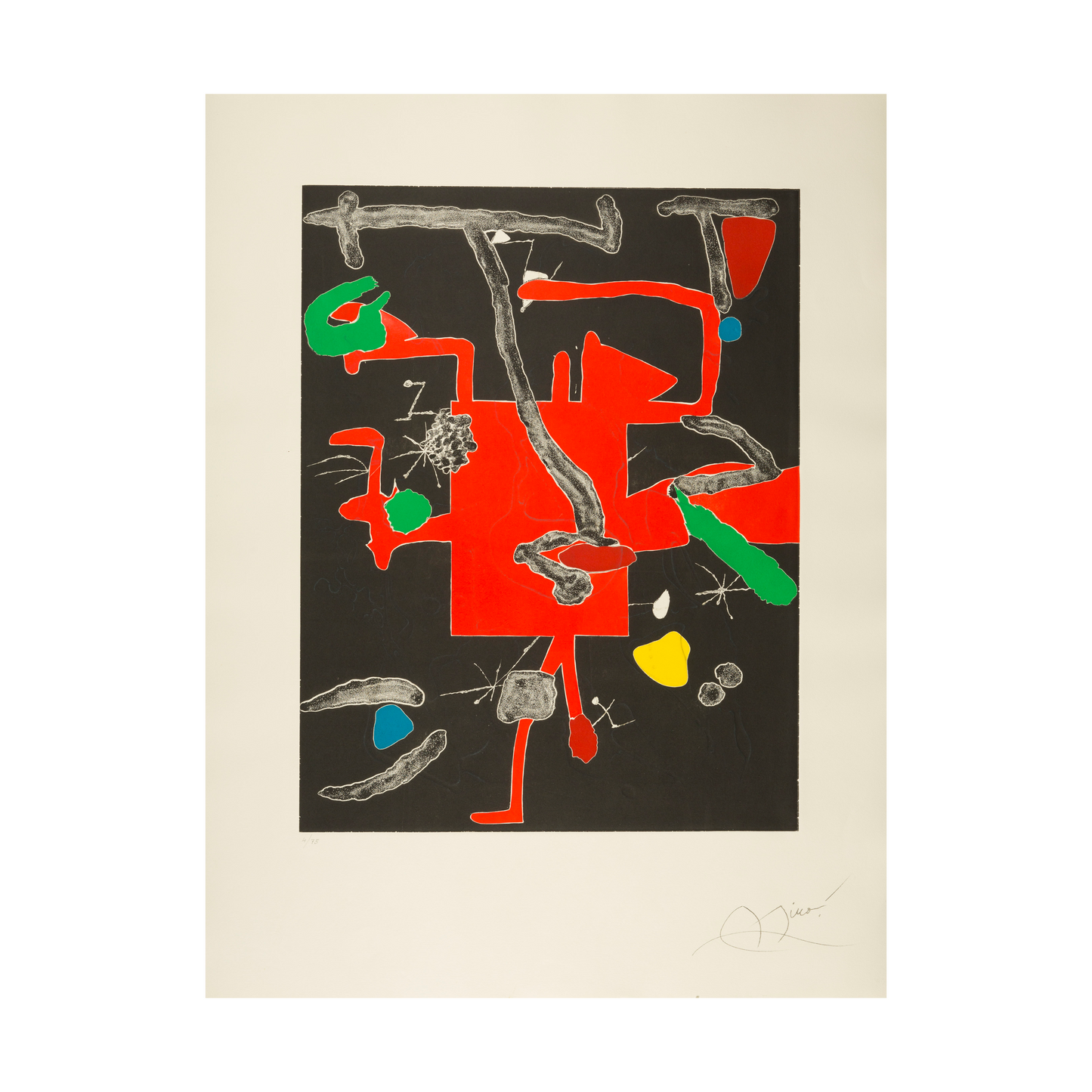 An abstract artwork featuring bold red and black shapes, with scattered green, yellow, and grey elements. The composition includes various lines and forms, creating a dynamic visual interplay. The artist's signature is visible at the bottom.