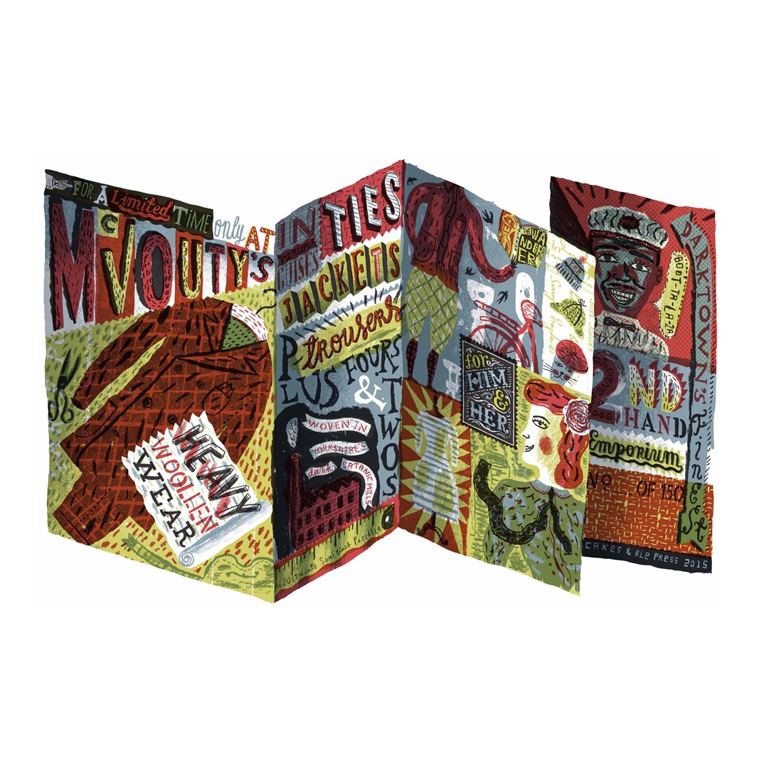 A vibrant, illustrated brochure featuring bold typography and retro designs. It advertises various items like jackets and woollen wear, with playful graphics of a woman and a man, alongside decorative patterns in earthy tones.