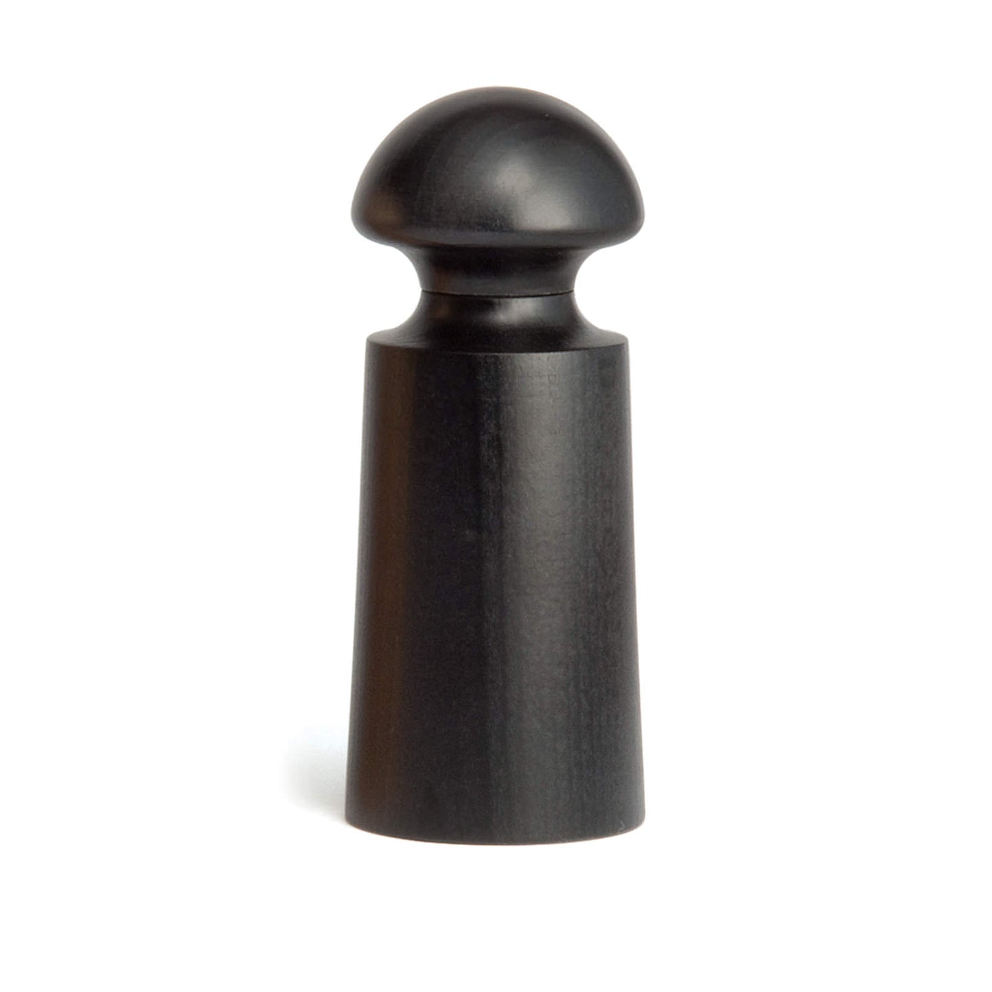 A sleek, black wooden object with a cylindrical body and a rounded top. The design is minimalist, featuring smooth surfaces and a polished finish, creating an elegant and modern aesthetic. Ideal for decorative or functional use.