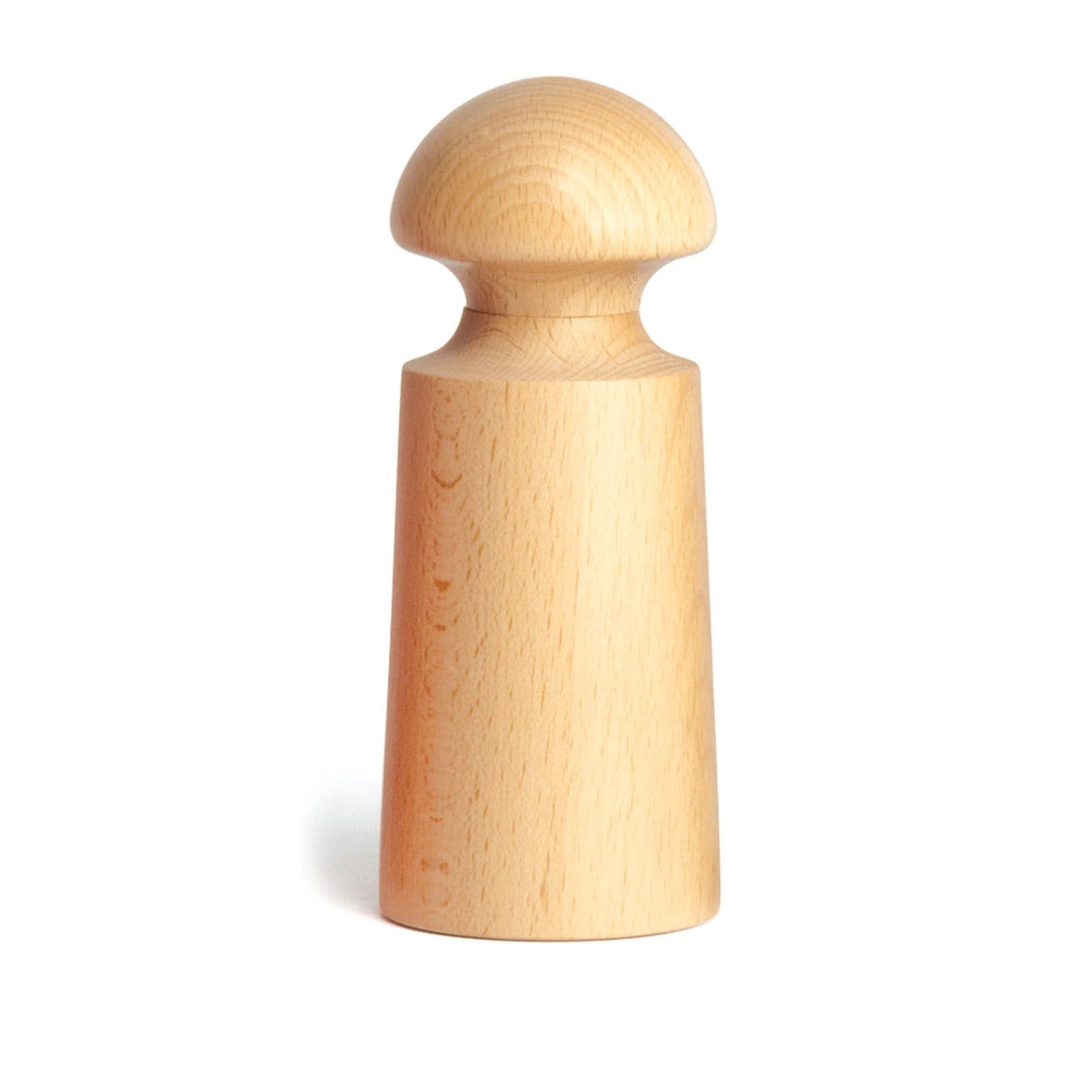 A wooden pepper mill with a smooth, cylindrical body and a rounded top. The mill is light in colour, showcasing the natural grain of the wood, and stands upright on a plain white background.