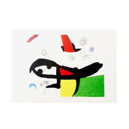 An abstract artwork featuring bold black lines forming a central shape, complemented by vibrant red, yellow, and green blocks. Swirling patterns and small stars in various colours add a playful, dynamic quality to the composition.