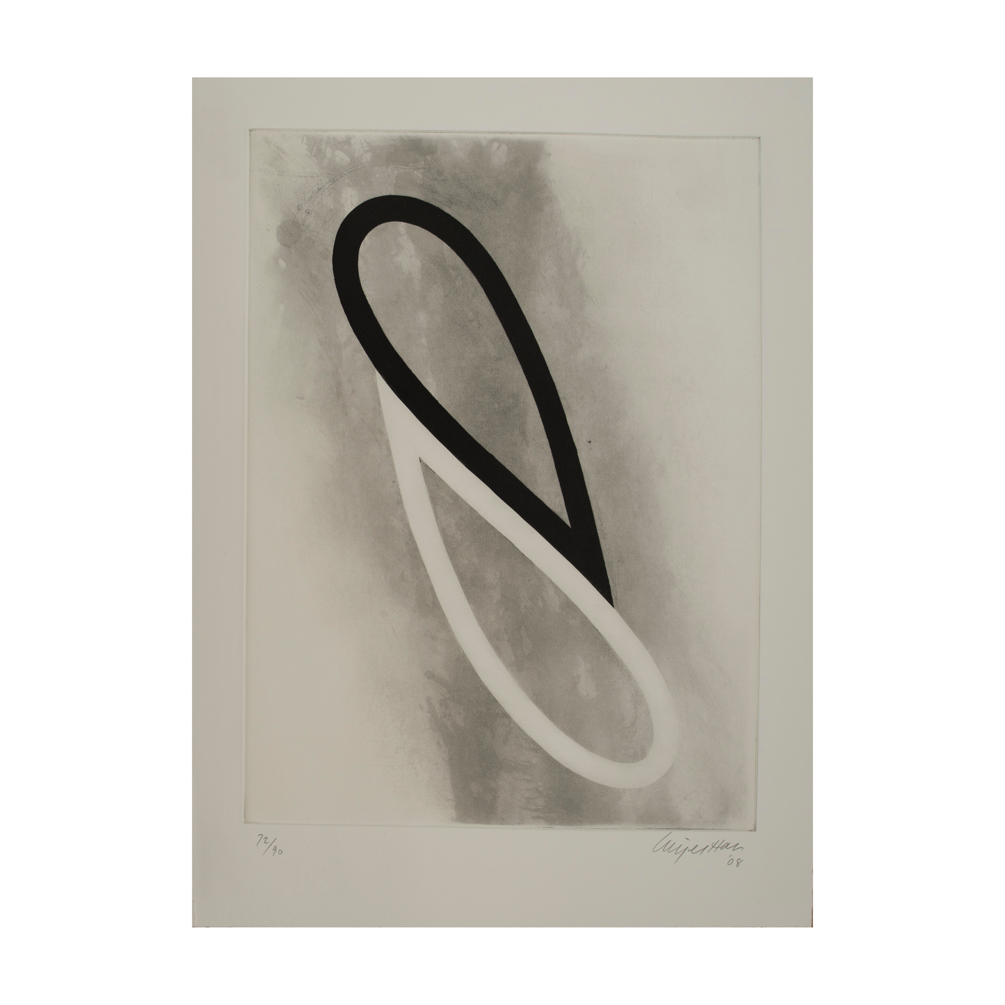 A minimalist artwork featuring a large, abstract shape that intertwines in black and white against a soft grey background. The piece is framed with a simple border, and the artist's signature and date are visible in the bottom corner.