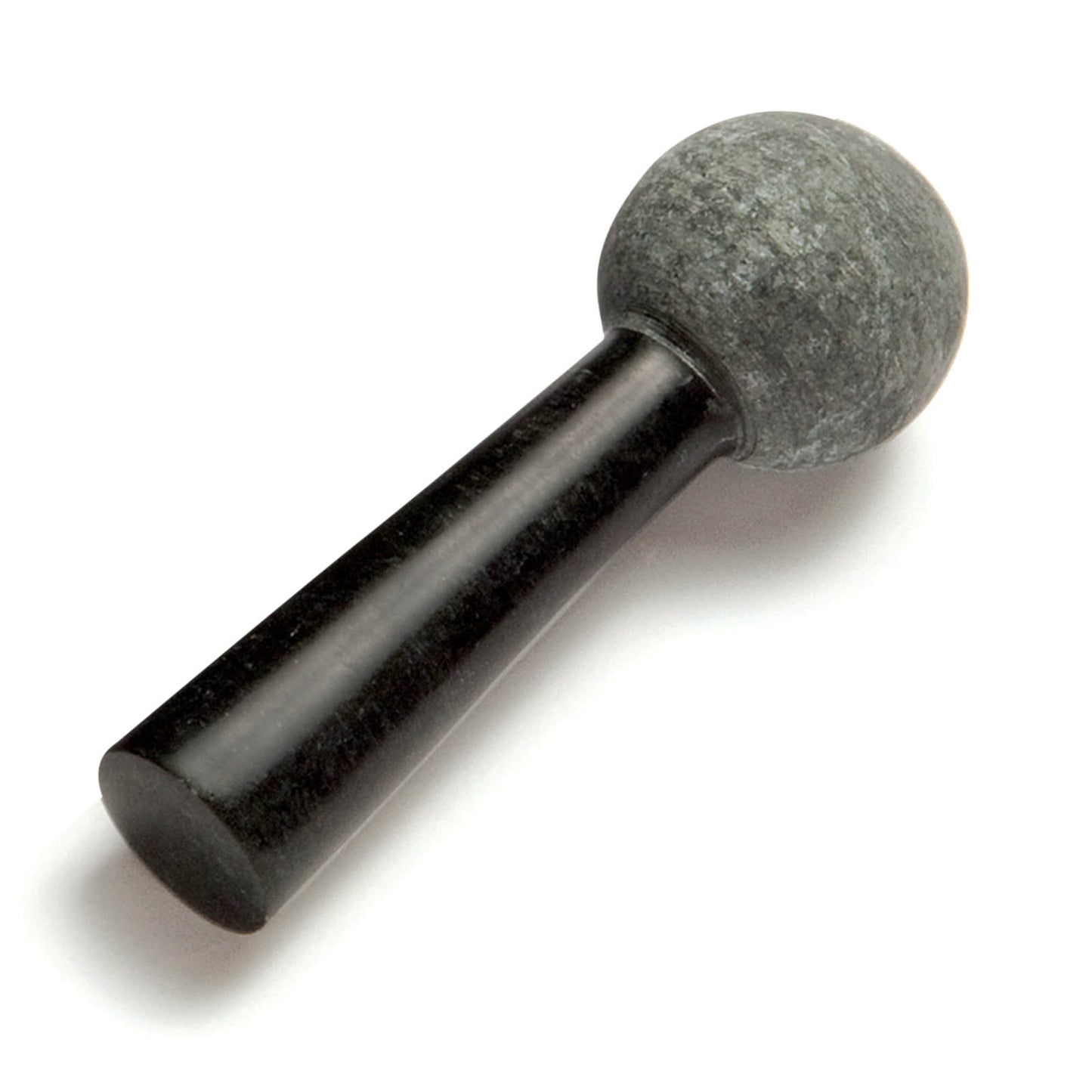 A small, round stone with a smooth surface is attached to a slender, black handle. The stone appears to be made of a dark, textured material, while the handle is shiny and polished, creating a contrast in textures and colours.