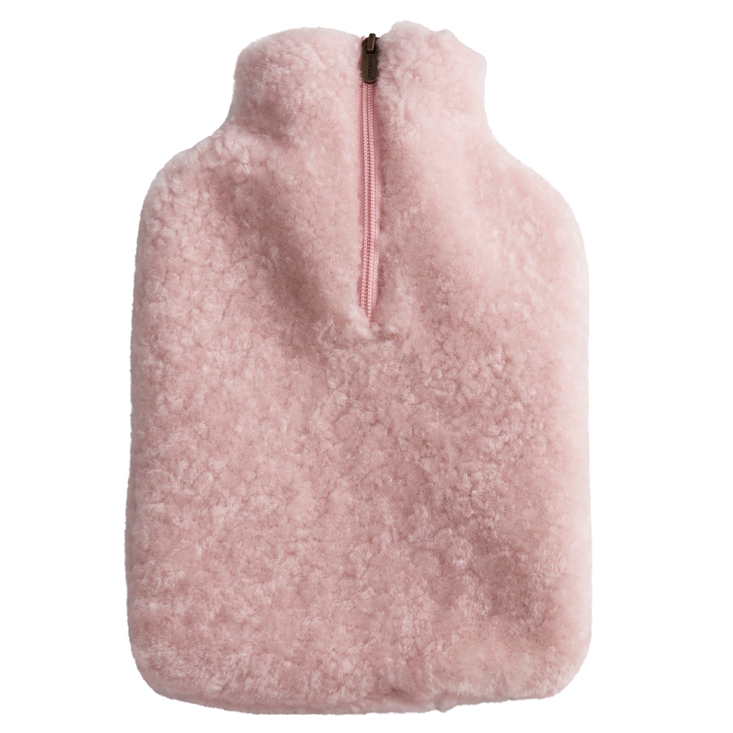 A soft, pink hot water bottle cover made from fluffy material. It features a zip closure at the top, providing a snug fit for the bottle inside. The texture appears cosy and warm, ideal for comfort during colder weather.